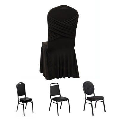 Spandex Banquet Chair Cover with Ruffle Pleated Skirt Cross Back Sash – Black Stretch Fitted Slipcover for Weddings & Events