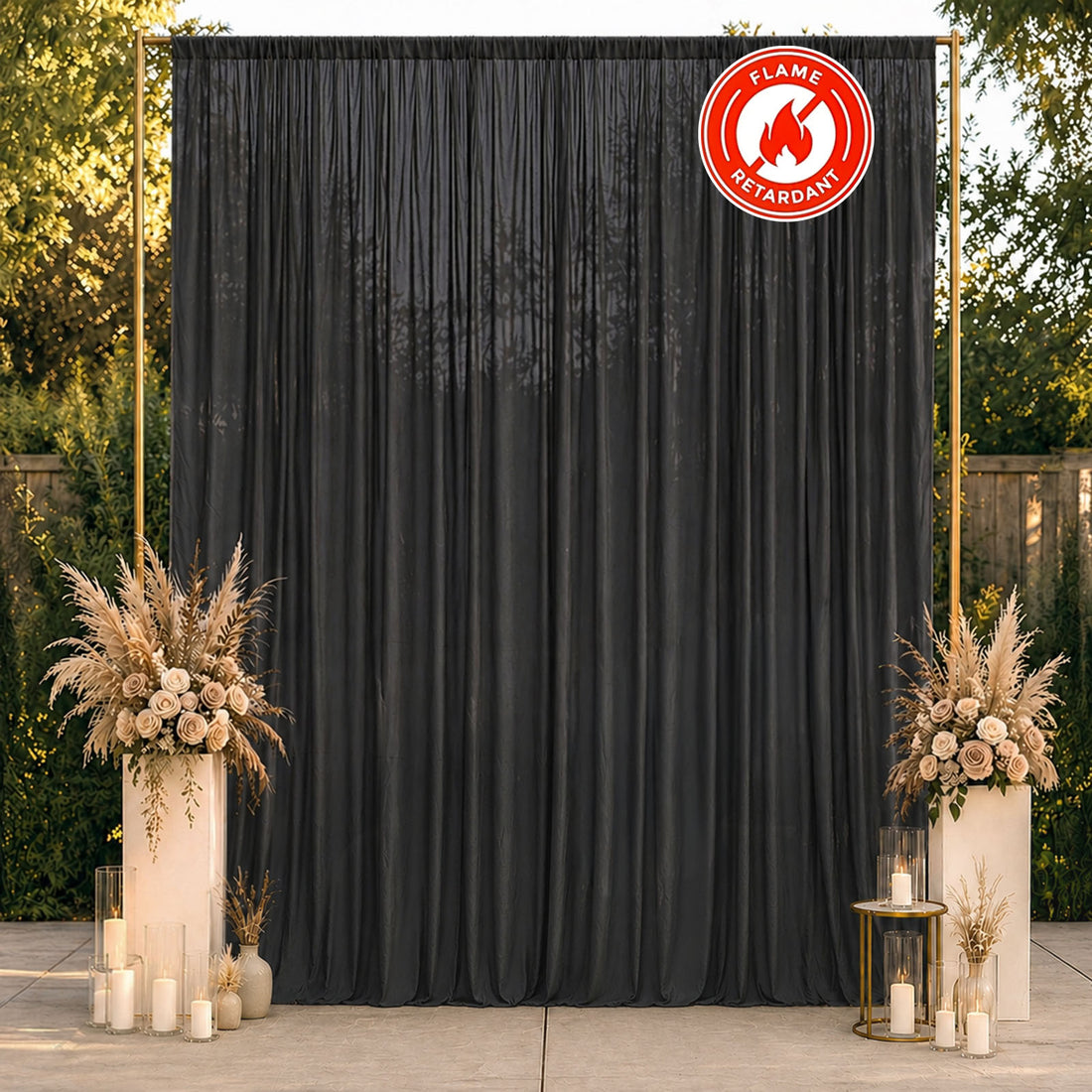 Black flame retardant curtain backdrop with elegant wedding floral decor