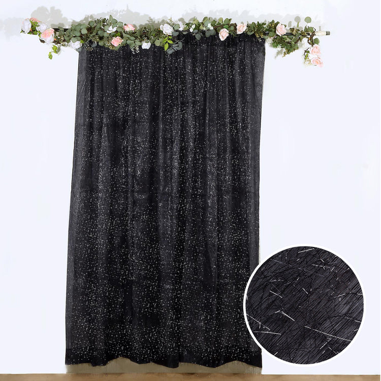8ft Black Metallic Fringe Shag Photo Backdrop Divider Curtain, Shimmery Tinsel Polyester Drapery