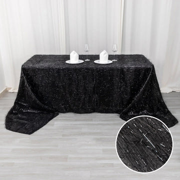 Black Metallic Fringe Shag Tinsel Rectangle Polyester Tablecloth 90"x156"