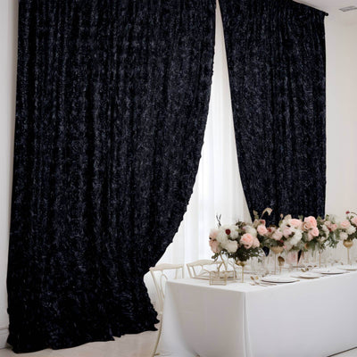 Black Satin Rosette Backdrop Drape Curtain, Photo Booth Event Divider Panel - 8ftx8ft