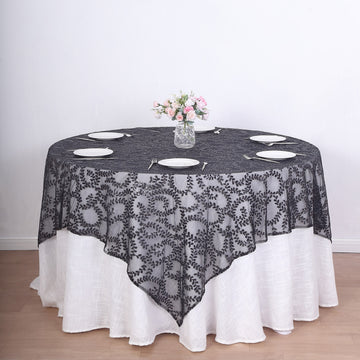 Black Sequin Leaf Embroidered Seamless Tulle Table Overlay, Square Sheer Table Topper 72"x72"