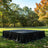 Black stage platform with a pleated skirt in a park with autumn trees.