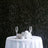 Elegant table setting with champagne glasses and white roses against a dark backdrop.
