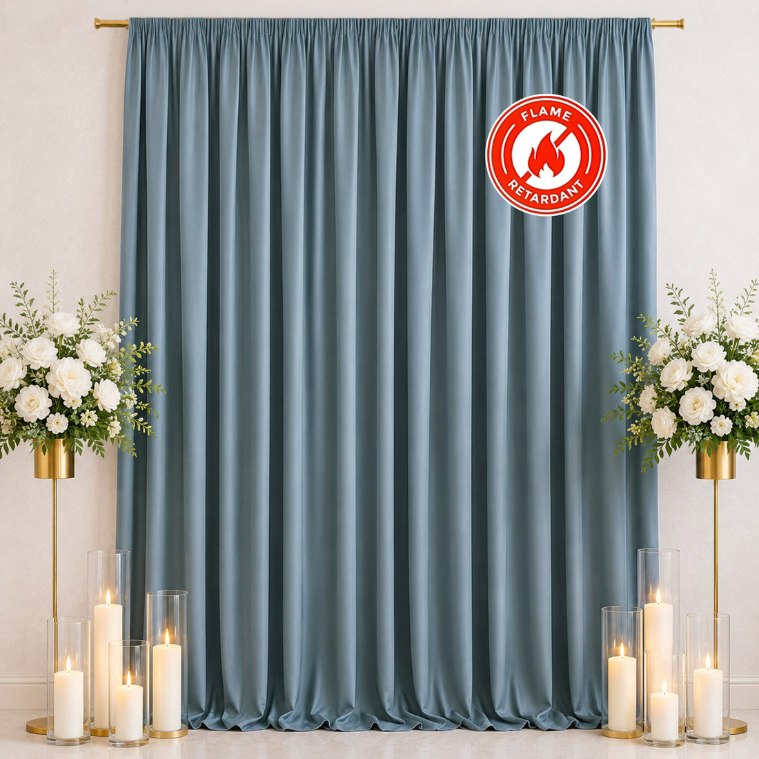 Blue flame-retardant curtain with floral candlelit wedding backdrop