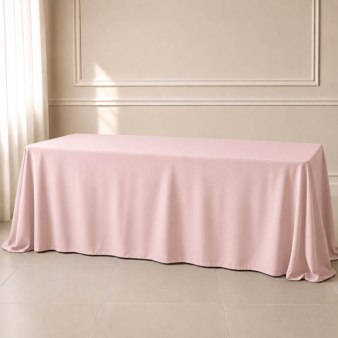 blush rectangle tablecloth on a table
