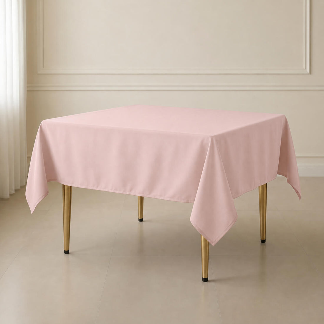 Blush polyester square table overlay 70"x70" for a stylish table setting.