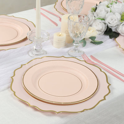 25-Pack Paper Round Dinner Plates 10" Blush Sunray Design with Gold Rim - 350GSM Heavy Duty Disposable Party Plates