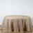 Round burlap tablecloth with elegant hem, perfect for rustic decor.