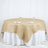 Round burlap tablecloth with white skirt, elegantly styled for dining.