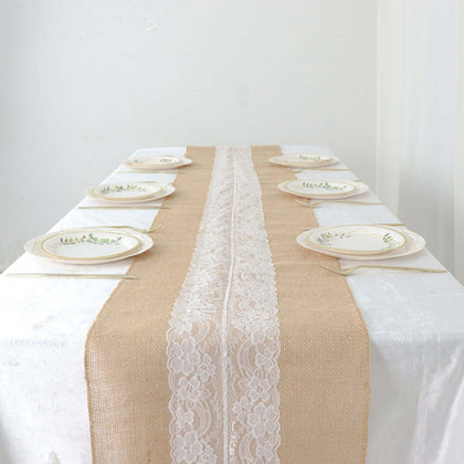 Burlap Jute Table Runner 14"x106" Natural With White Middle Lace - Rustic Vintage Tabletop Decor