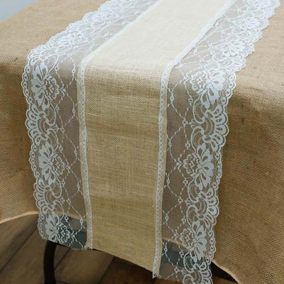 Burlap Jute Table Runner 16"x108" Natural With White Lace Edges - Rustic Vintage Tabletop Decor