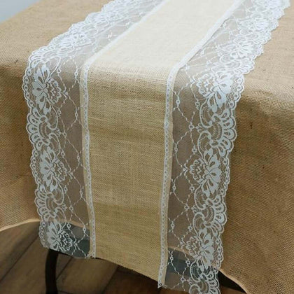 Burlap Jute Table Runner 16"x108" Natural With White Lace Edges - Rustic Vintage Tabletop Decor