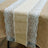 Lace table runner on burlap tablecloth in neutral tones. #whtbkgd