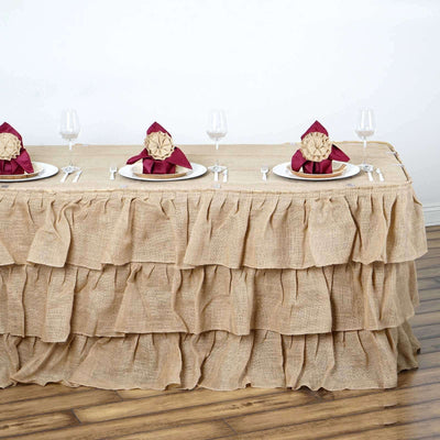 Burlap Table Skirt 17ft Natural 3 Tier Ruffled Design for Rustic Weddings & Country Events