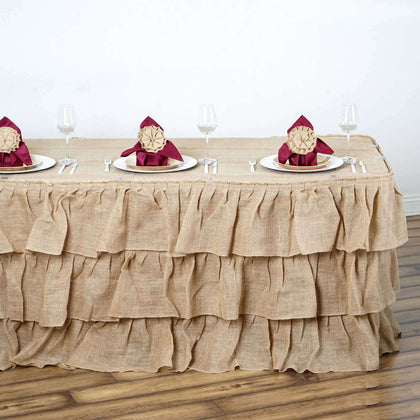 Burlap Table Skirt 17ft Natural 3 Tier Ruffled Design for Rustic Weddings & Country Events