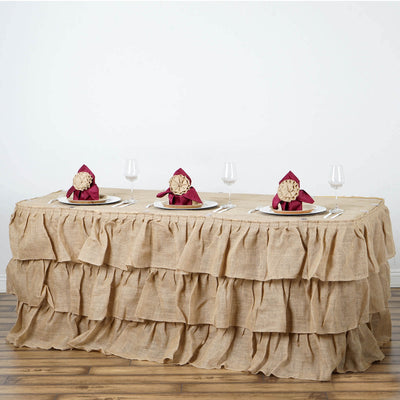 Burlap Table Skirt 21ft Natural 3 Tier Ruffled Design for Rustic Weddings & Country Events