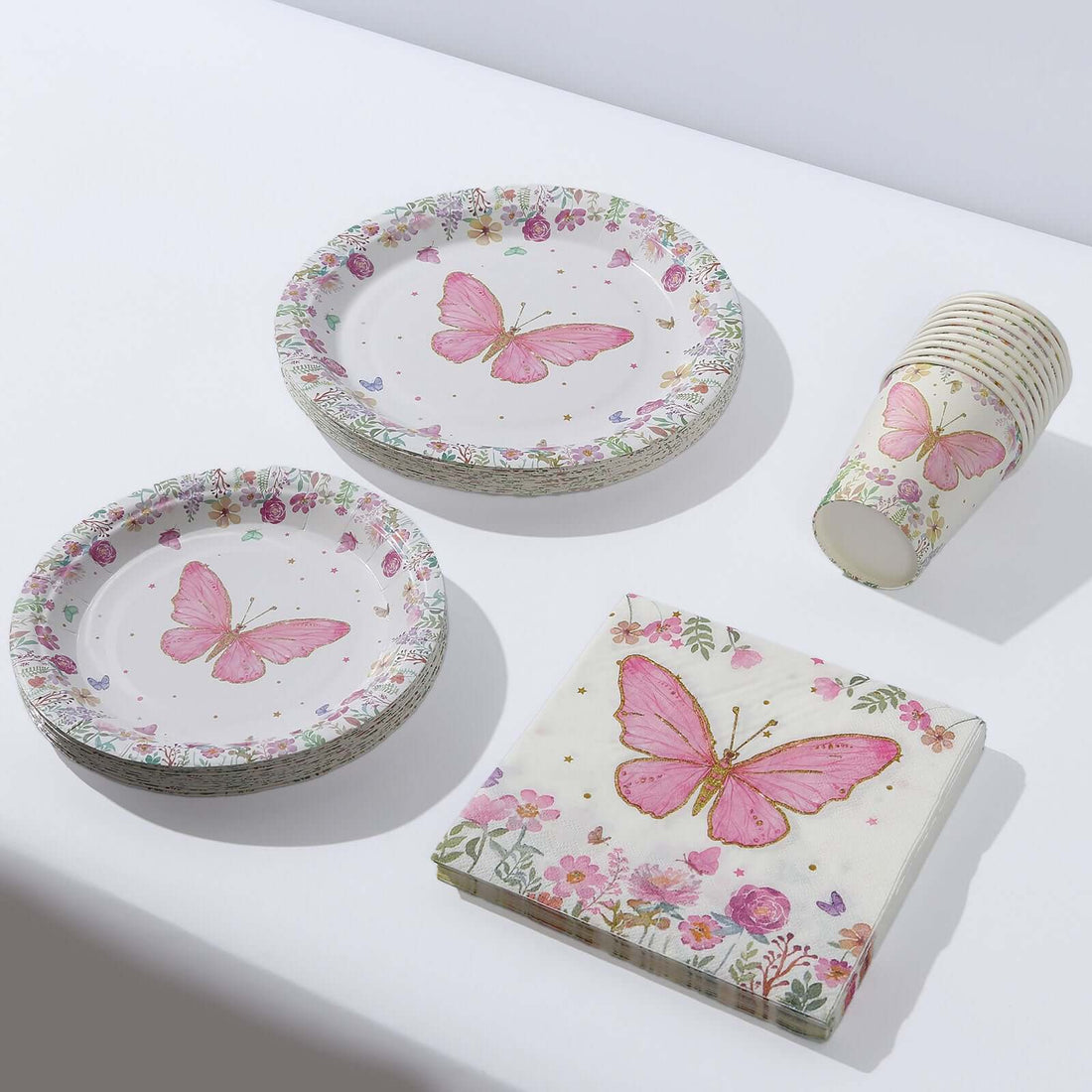 Paper Dinnerware Set White/Pink with Butterfly Print | eFavormart