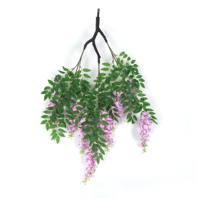 Artificial wisteria branch with pink flowers and green leaves #whtbkgd