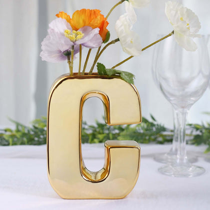 Ceramic Letter "C" Vase Shiny Gold Plated 6" - Stylish Bud Planter Pot for Table Centerpieces