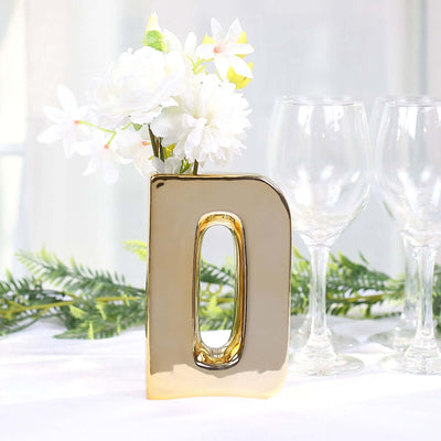 Ceramic Letter "D" Vase Shiny Gold Plated 6" - Stylish Bud Planter Pot for Table Centerpieces