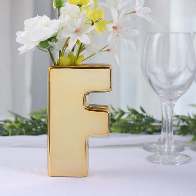Ceramic Letter "F" Vase Shiny Gold Plated 6" - Stylish Bud Planter Pot for Table Centerpieces