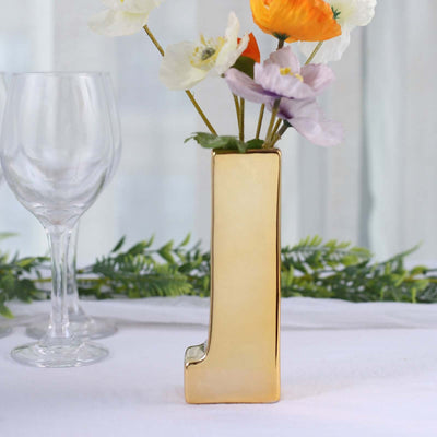 Ceramic Letter "J" Vase Shiny Gold Plated 6" - Stylish Bud Planter Pot for Table Centerpieces