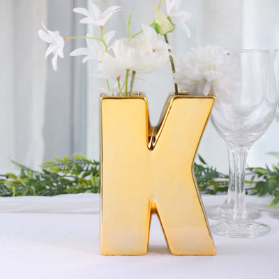 Ceramic Letter "K" Vase Shiny Gold Plated 6" - Stylish Bud Planter Pot for Table Centerpieces