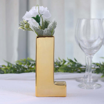 Ceramic Letter "L" Vase Shiny Gold Plated 6" - Stylish Bud Planter Pot for Table Centerpieces