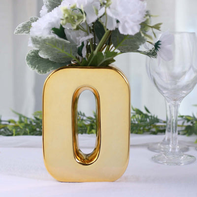 Ceramic Letter "O" Vase Shiny Gold Plated 6" - Stylish Bud Planter Pot for Table Centerpieces