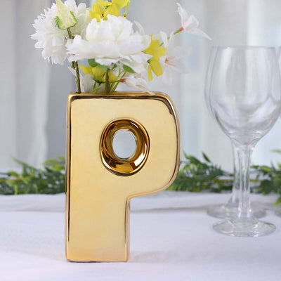 Ceramic Letter "P" Vase Shiny Gold Plated 6" - Stylish Bud Planter Pot for Table Centerpieces