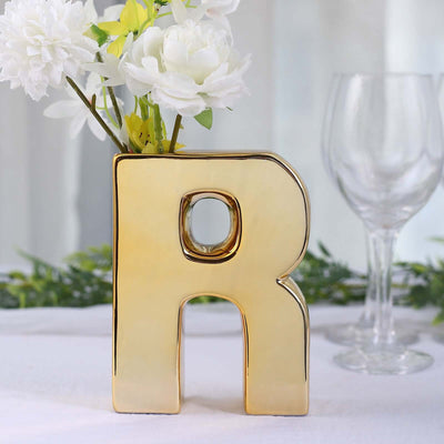 Ceramic Letter "R" Vase Shiny Gold Plated 6" - Stylish Bud Planter Pot for Table Centerpieces