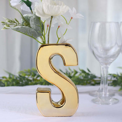 Ceramic Letter "S" Vase Shiny Gold Plated 6" - Stylish Bud Planter Pot for Table Centerpieces