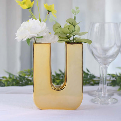 Ceramic Letter "U" Vase Shiny Gold Plated 6" - Stylish Bud Planter Pot for Table Centerpieces