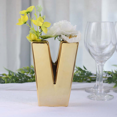 Ceramic Letter "V" Vase Shiny Gold Plated 6" - Stylish Bud Planter Pot for Table Centerpieces