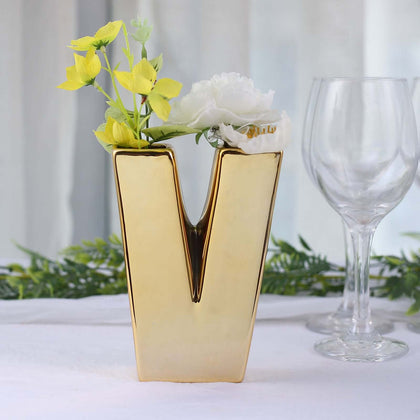 Ceramic Letter "V" Vase Shiny Gold Plated 6" - Stylish Bud Planter Pot for Table Centerpieces