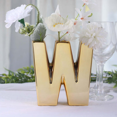 Ceramic Letter "W" Vase Shiny Gold Plated 6" - Stylish Bud Planter Pot for Table Centerpieces