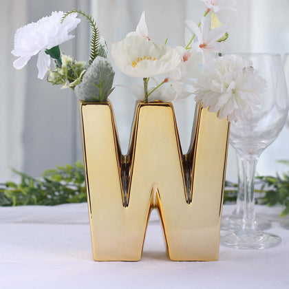 Ceramic Letter "W" Vase Shiny Gold Plated 6" - Stylish Bud Planter Pot for Table Centerpieces