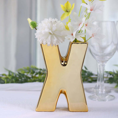 Ceramic Letter "X" Vase Shiny Gold Plated 6" - Stylish Bud Planter Pot for Table Centerpieces
