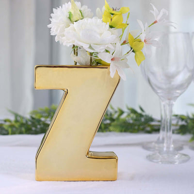 Ceramic Letter "Z" Vase Shiny Gold Plated 6" - Stylish Bud Planter Pot for Table Centerpieces
