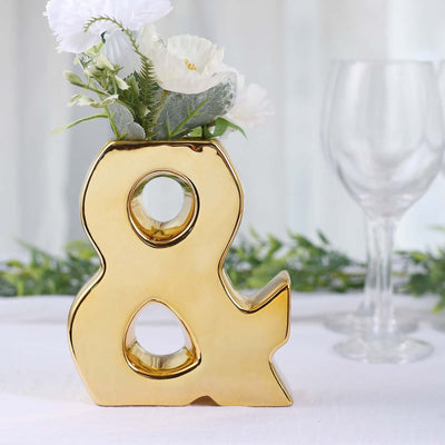 Ceramic Symbol "&" Vase Shiny Gold Plated 6" - Stylish Bud Planter Pot for Table Centerpieces