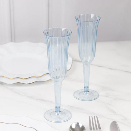 24-Pack Plastic Champagne Flutes 6oz Transparent Dusty Blue Flared Design - Disposable Glasses with Detachable Base