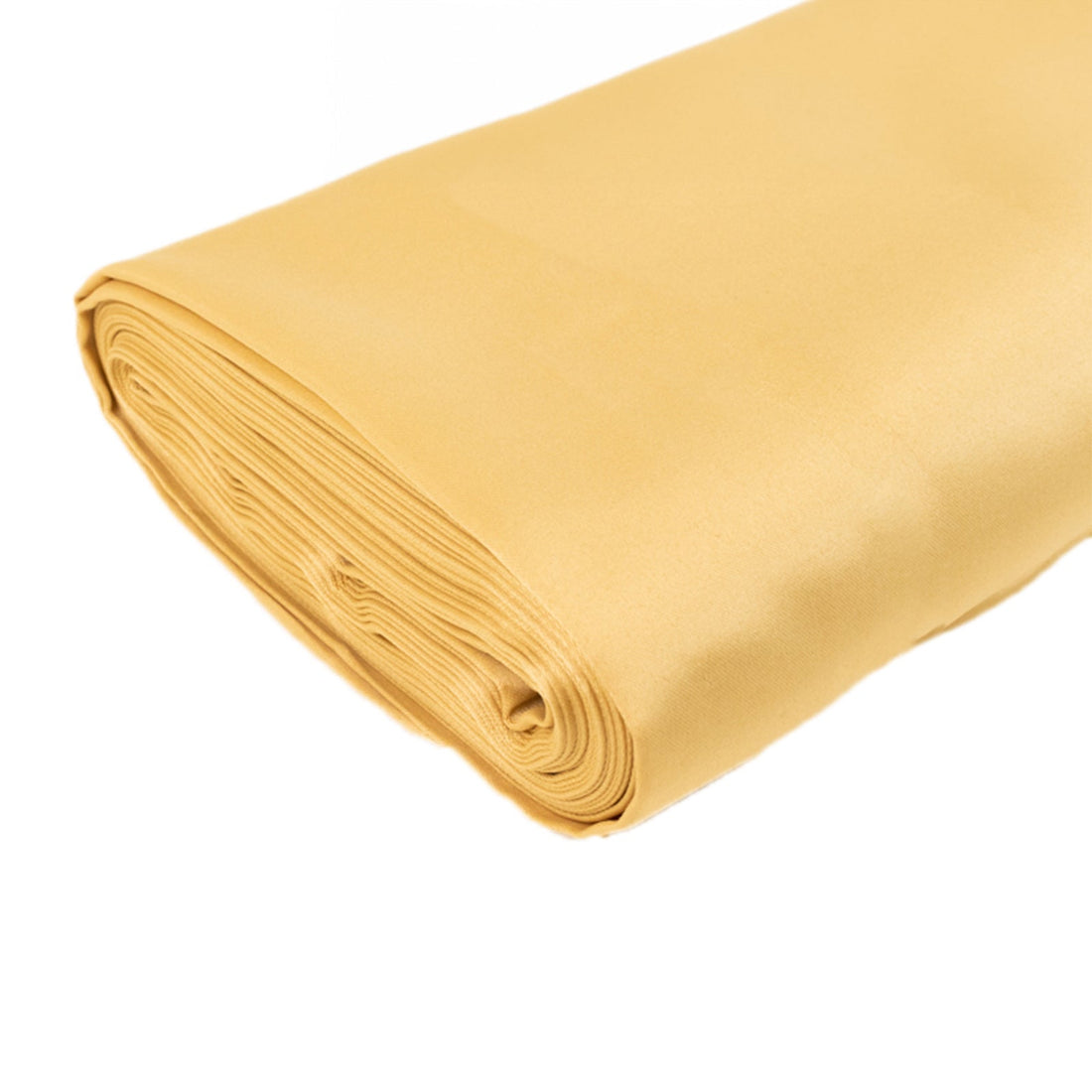 Yellow satin fabric roll on a white background.