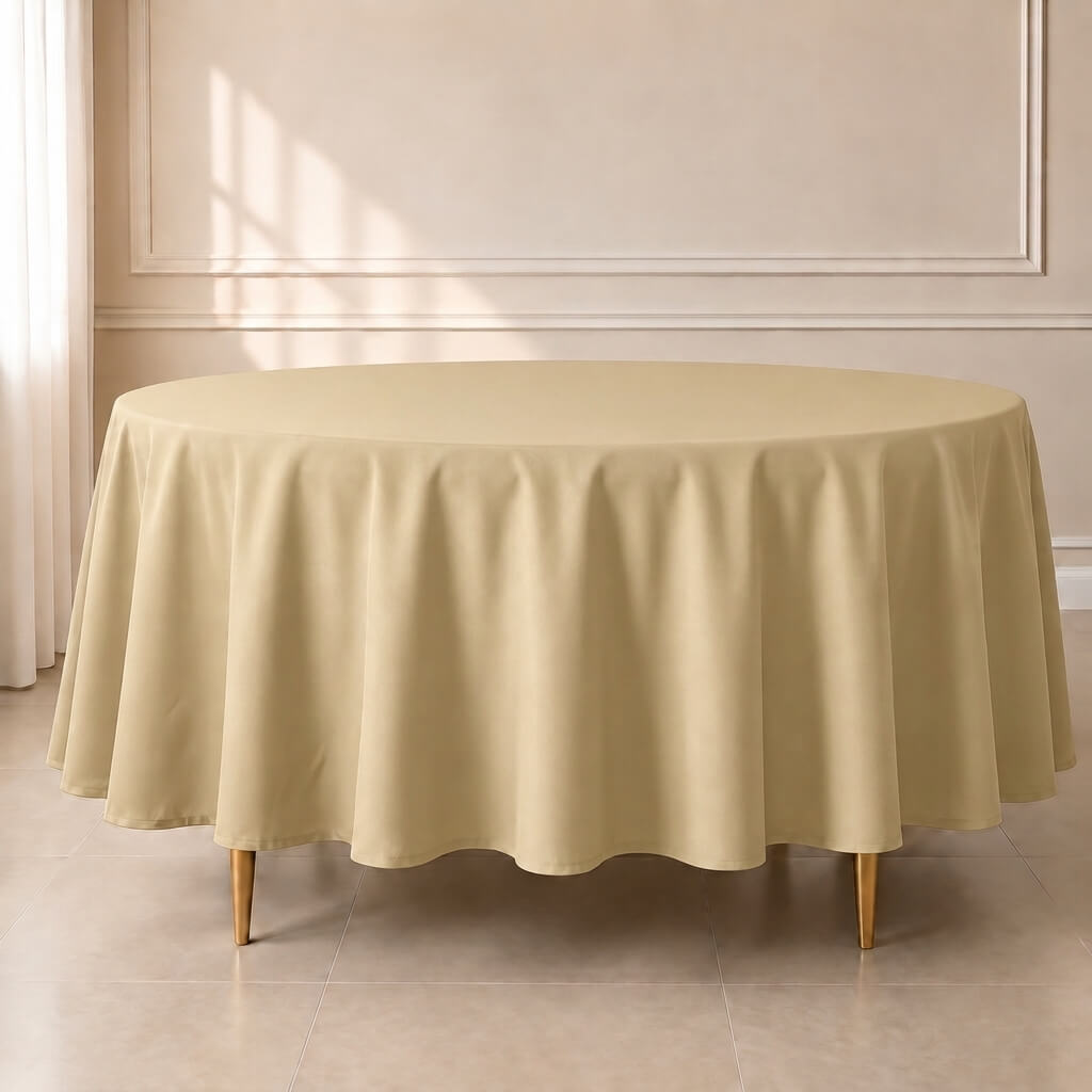 champagne round tablecloth on a dining table