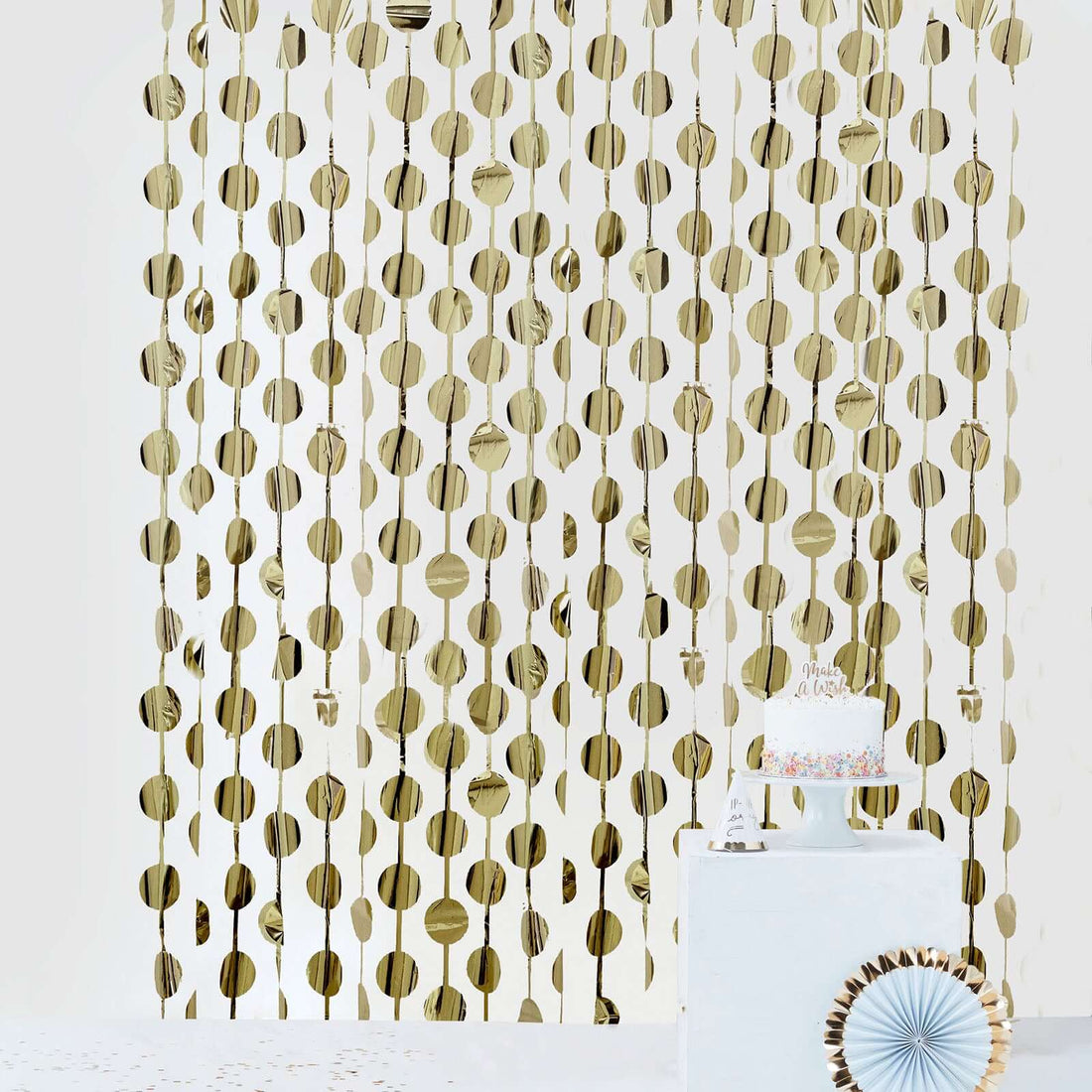 Gold circle curtain backdrop for parties and events. #whtbkgd