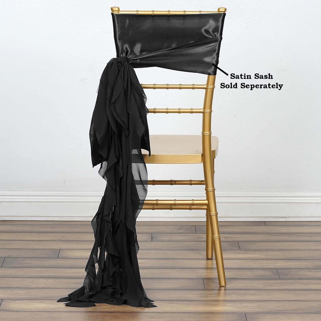 Gold chiavari chair with black satin sash draped over the back. Satin sash sold separately.