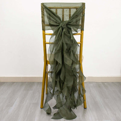 Chiffon Curly Chair Sash 32" Long – Olive Green 6-Strand Ribbon Tie