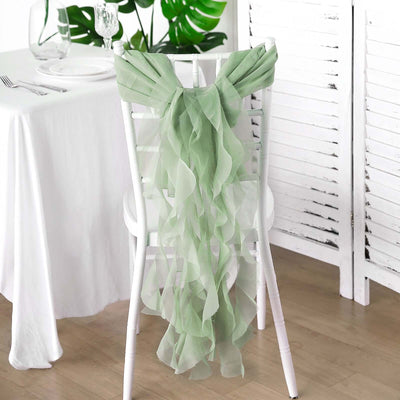 Chiffon Curly Chair Sash 32" Long – Sage Green 6-Strand Ribbon Tie