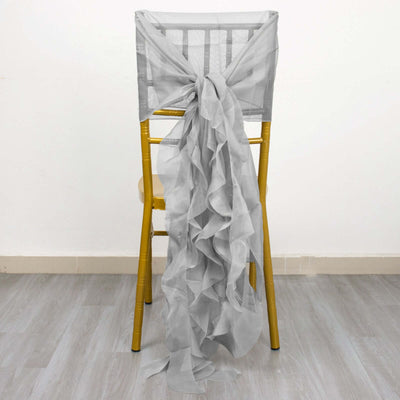 Chiffon Curly Chair Sash 32" Long – Silver 6-Strand Ribbon Tie