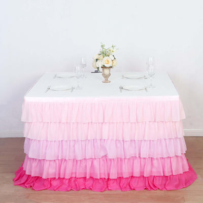 Chiffon Table Skirt 14ft Gradient Pink Ruffled Tutu - 5-Tier Ombre Table Cover with Satin Backing